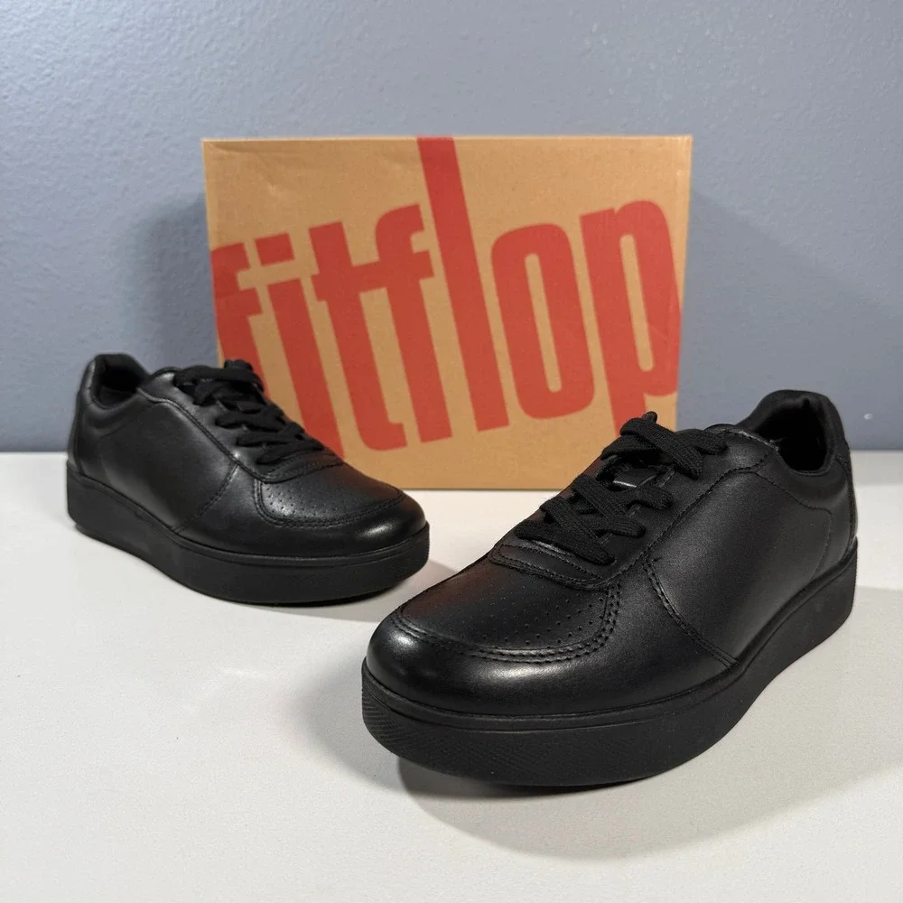 FitFlop Womens Black Leather Lace‎ Up Sneakers Comfort Shoes 5